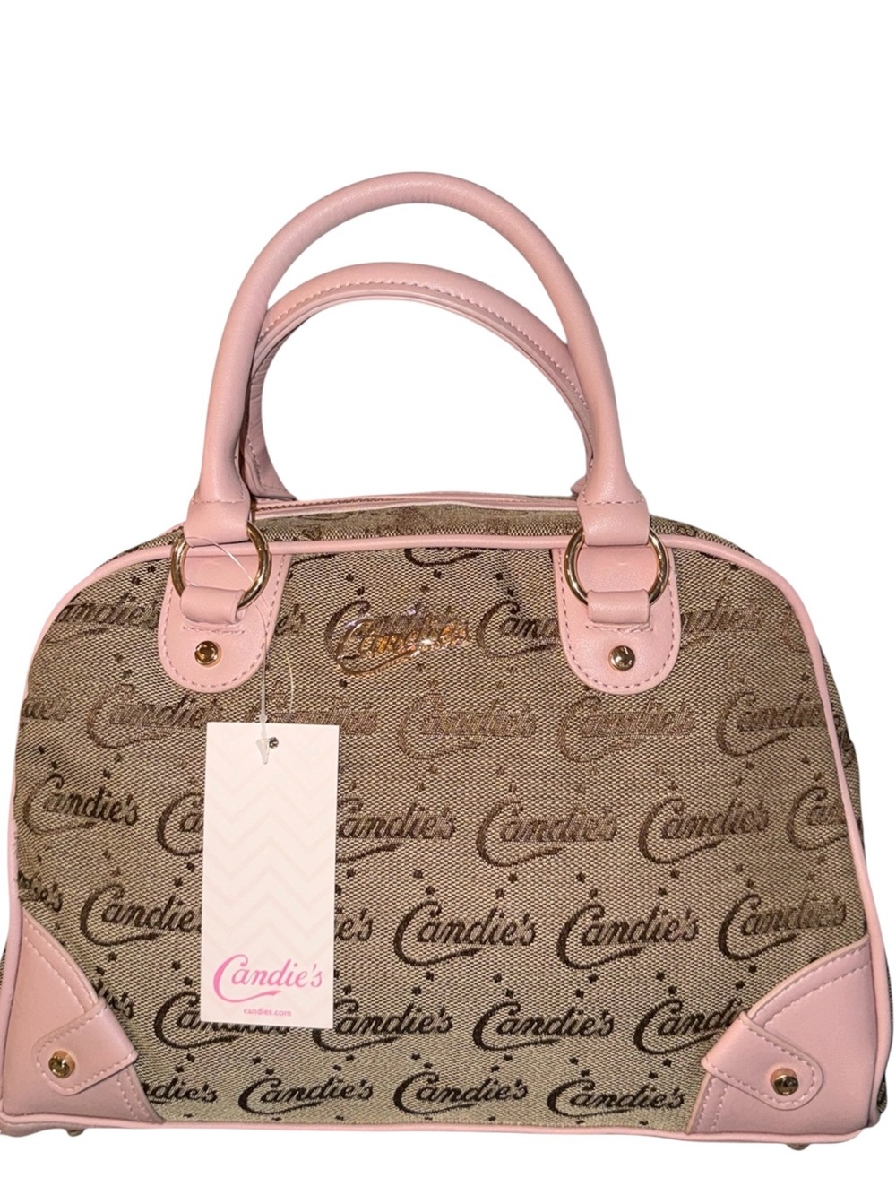 Candie's Beige Monogram Bowler Satchel with Pink Trim